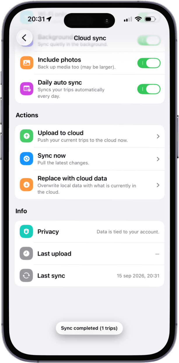 Cloudsynchronisatie in TripMaster
