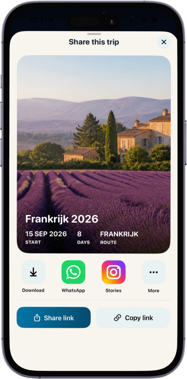 Een TripMaster-reis delen via link of social media