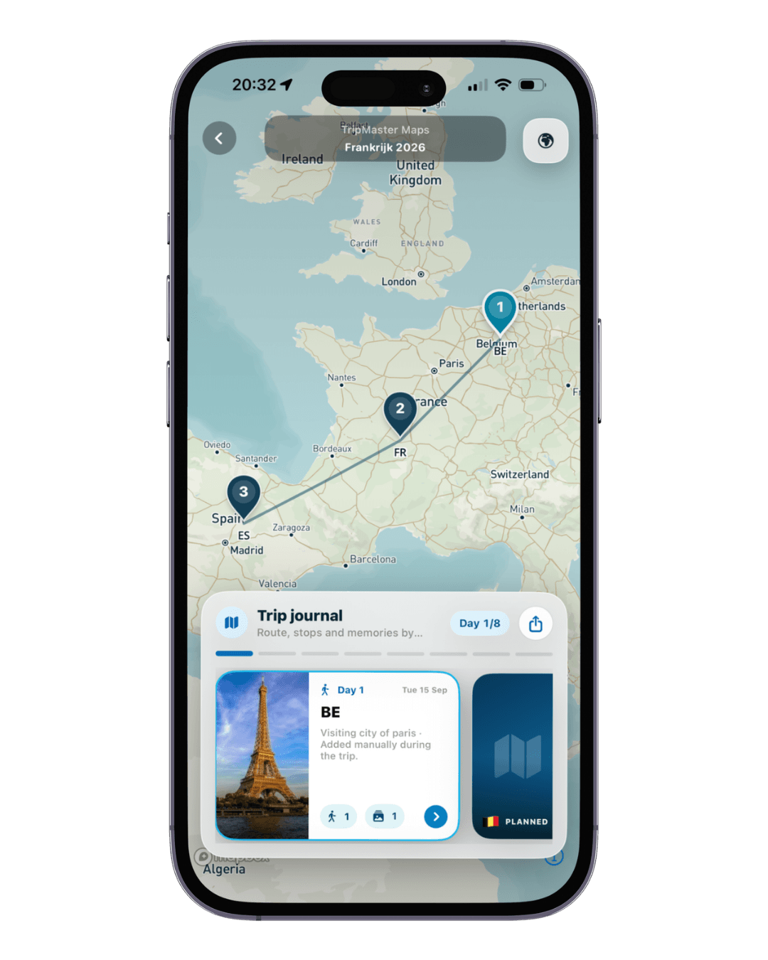 Trip Journal met route, stops en herinneringen