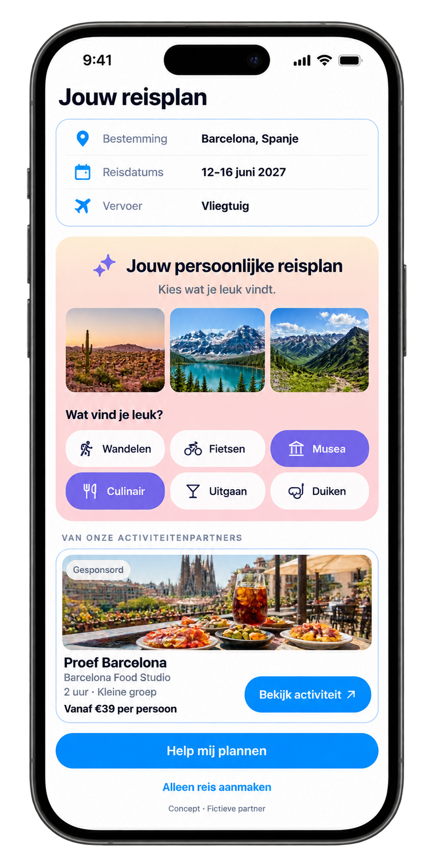 Concept: een gesponsorde activiteit van een fictieve partner bij een persoonlijk reisplan