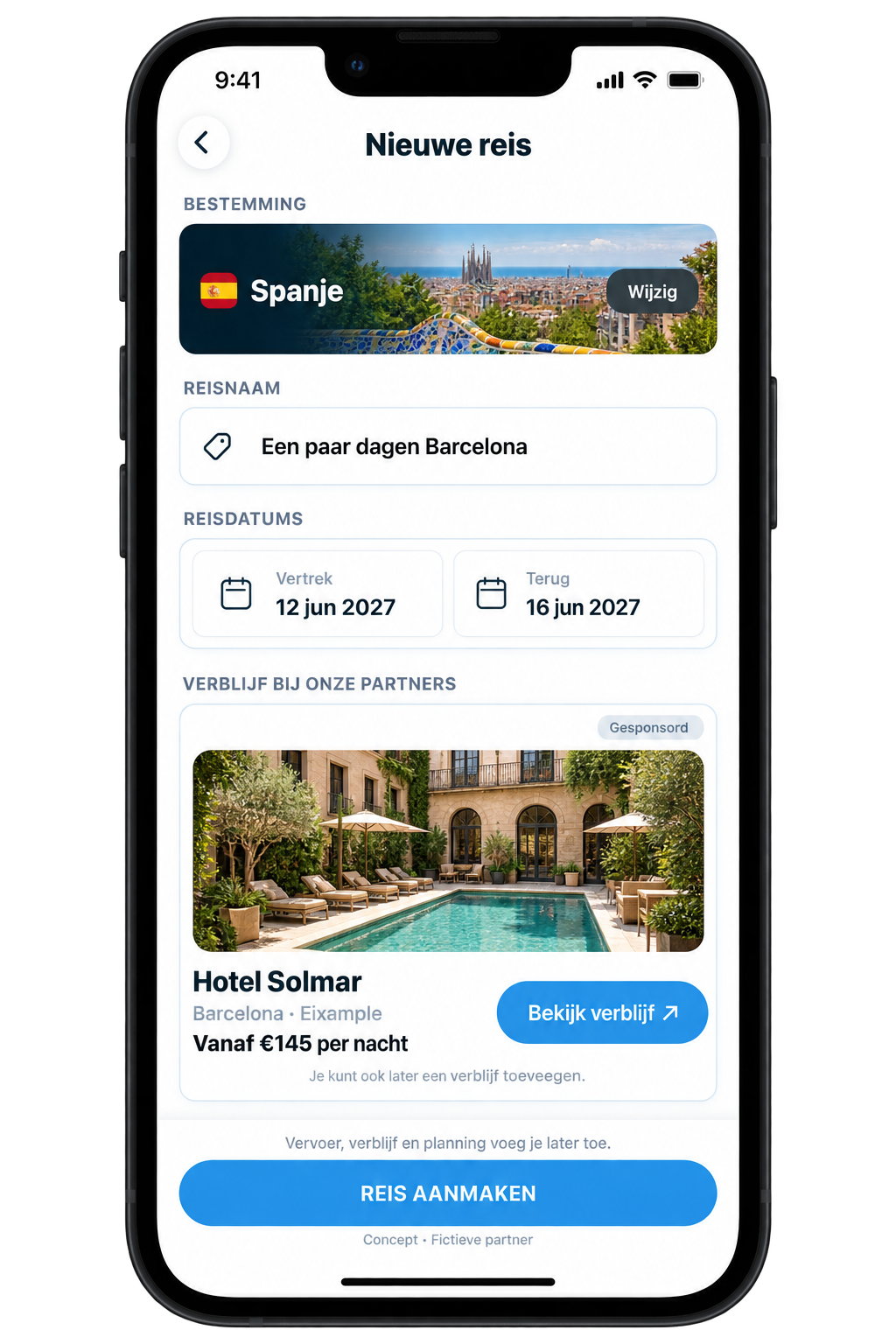 Concept: een gesponsord verblijf bij een fictieve hotelpartner tijdens het maken van een reis